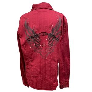 Harley-Davidson Embroidered Maroon Shirt Angel Wings and Bling Women's XL